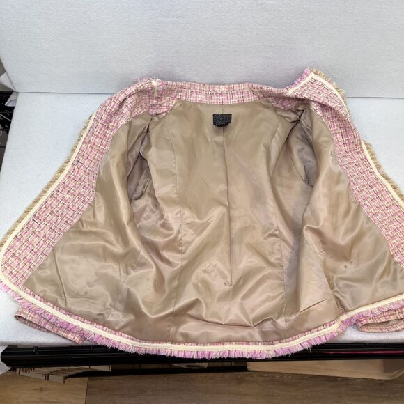 Moa Moa cropped fringe blazer jacket tweed pink tan cream women L - Picture 9 of 14